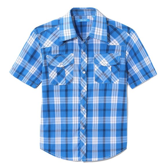 Cheerboy Other - NEW - Boys Short Sleeve Snap Button Plaid Shirt - Blue Plaid